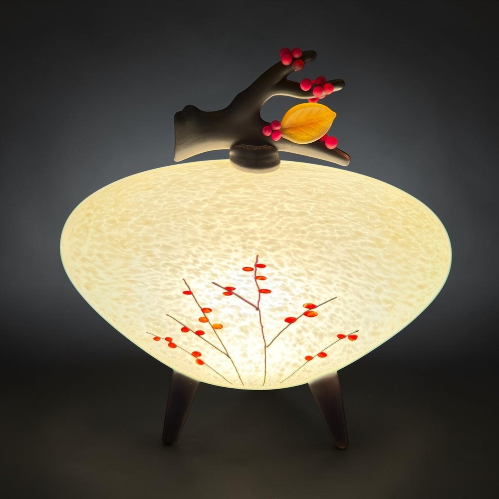 David & Melanie Leppla Studio Art Glass Tripod Lamp Berry Branch 9" Tall WORKS